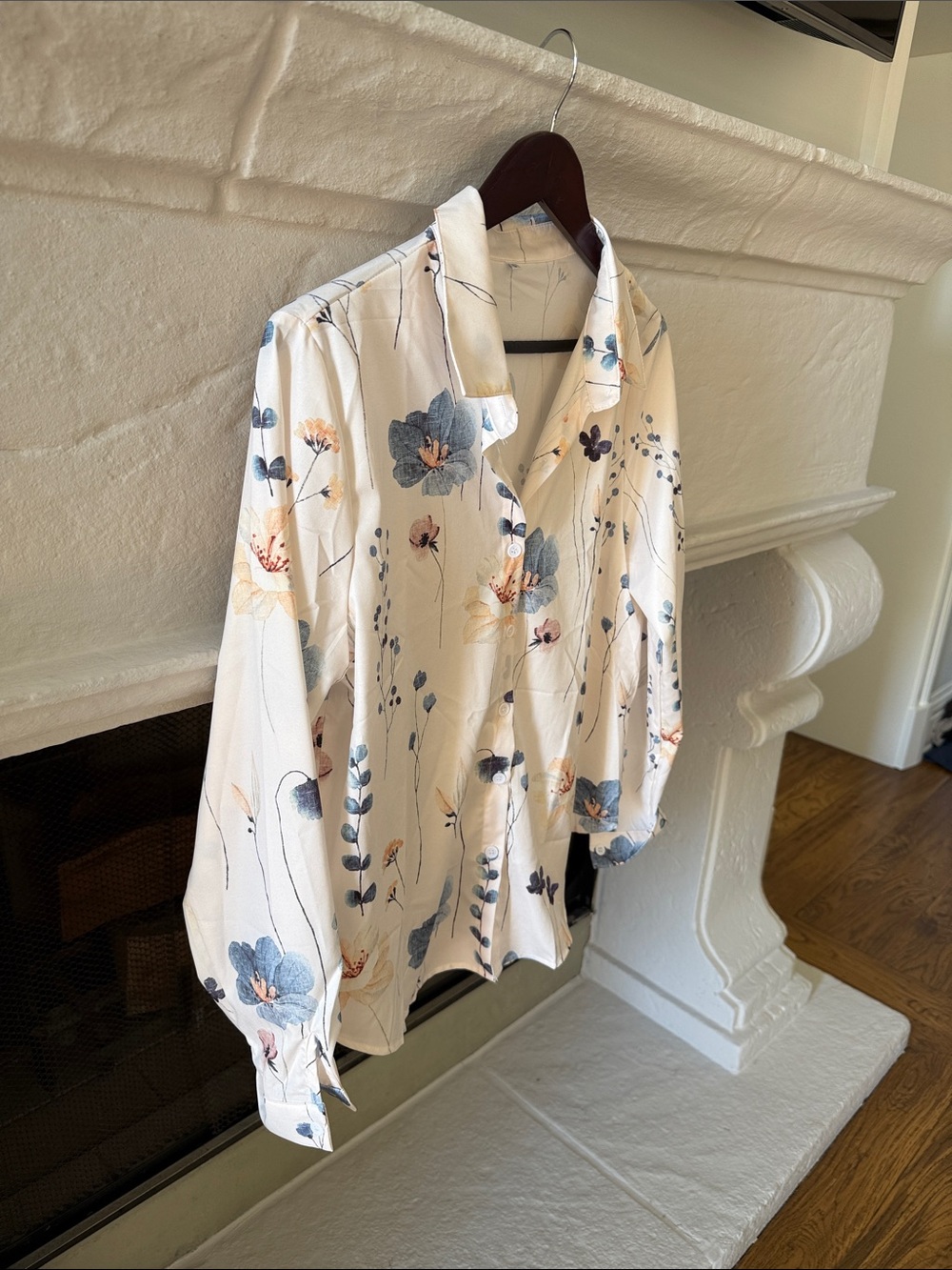 Women's Floral Button-Up Blouse - White with Blue Floral Print - Picture 4 of 5